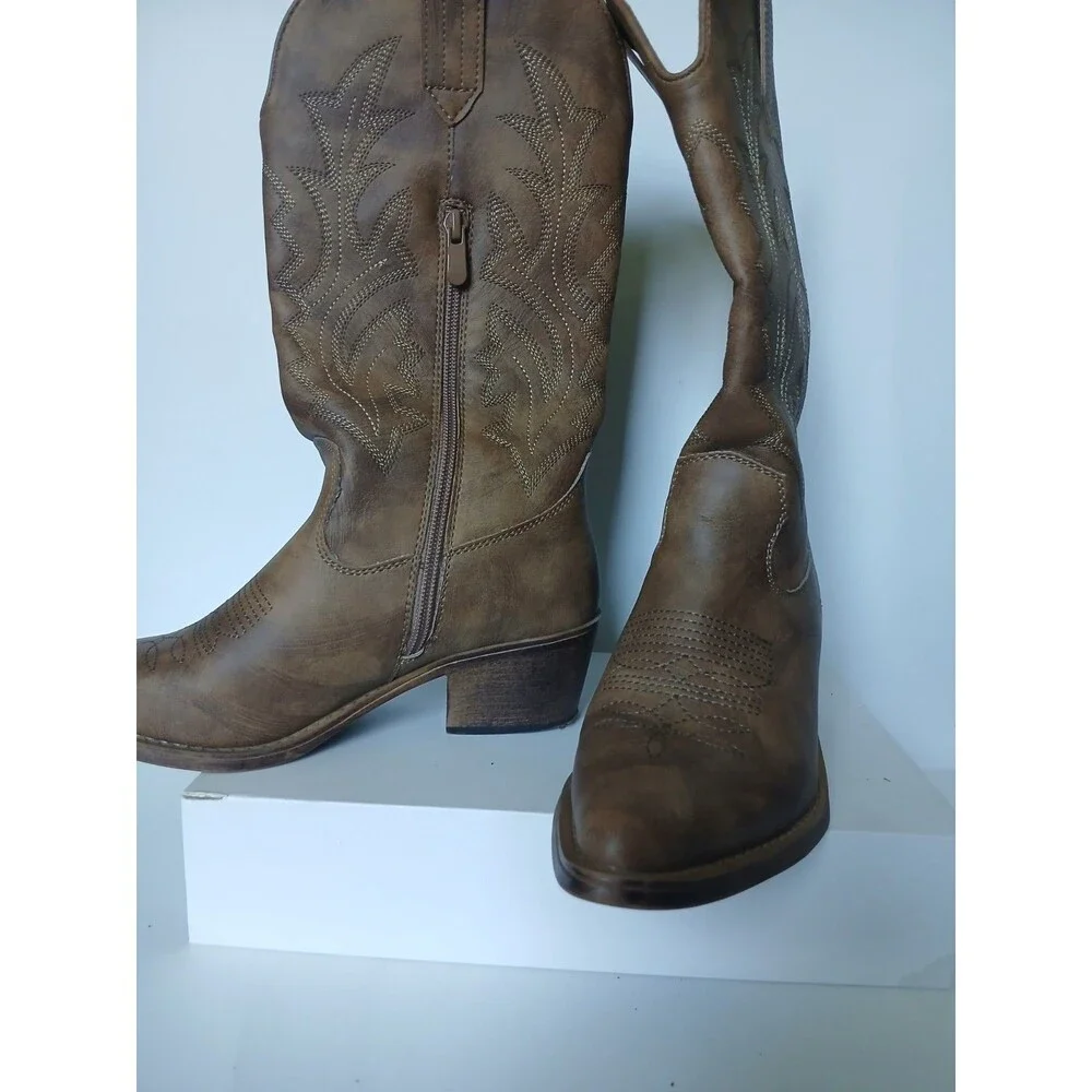 Global Win Western Cowboy Boots Brown Embroidered Mid Calf Women's Size 5.5